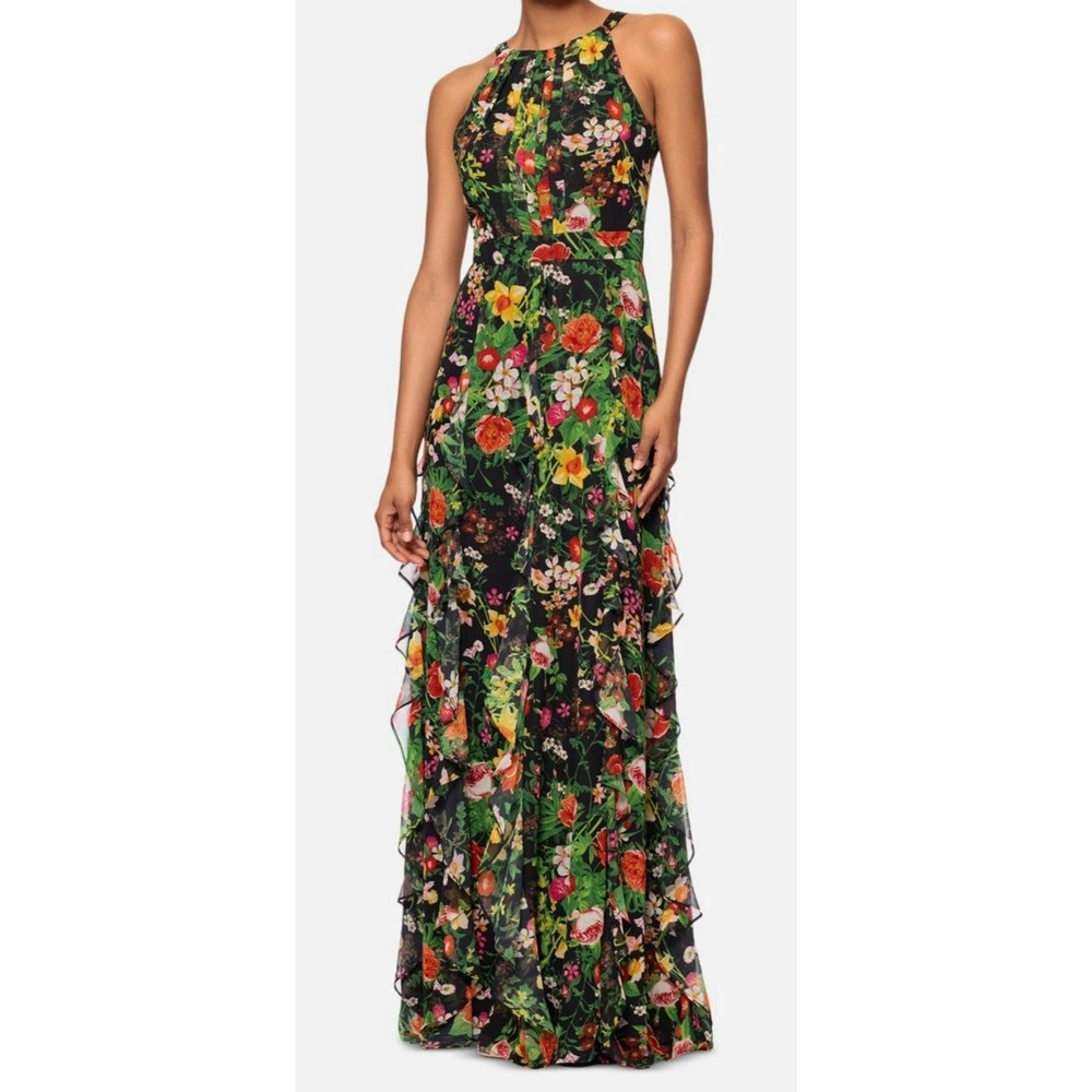 Betsy & Adam Women's Green Printed Ruffled Halter-Neck Gown Size 16, MSRP: 289$